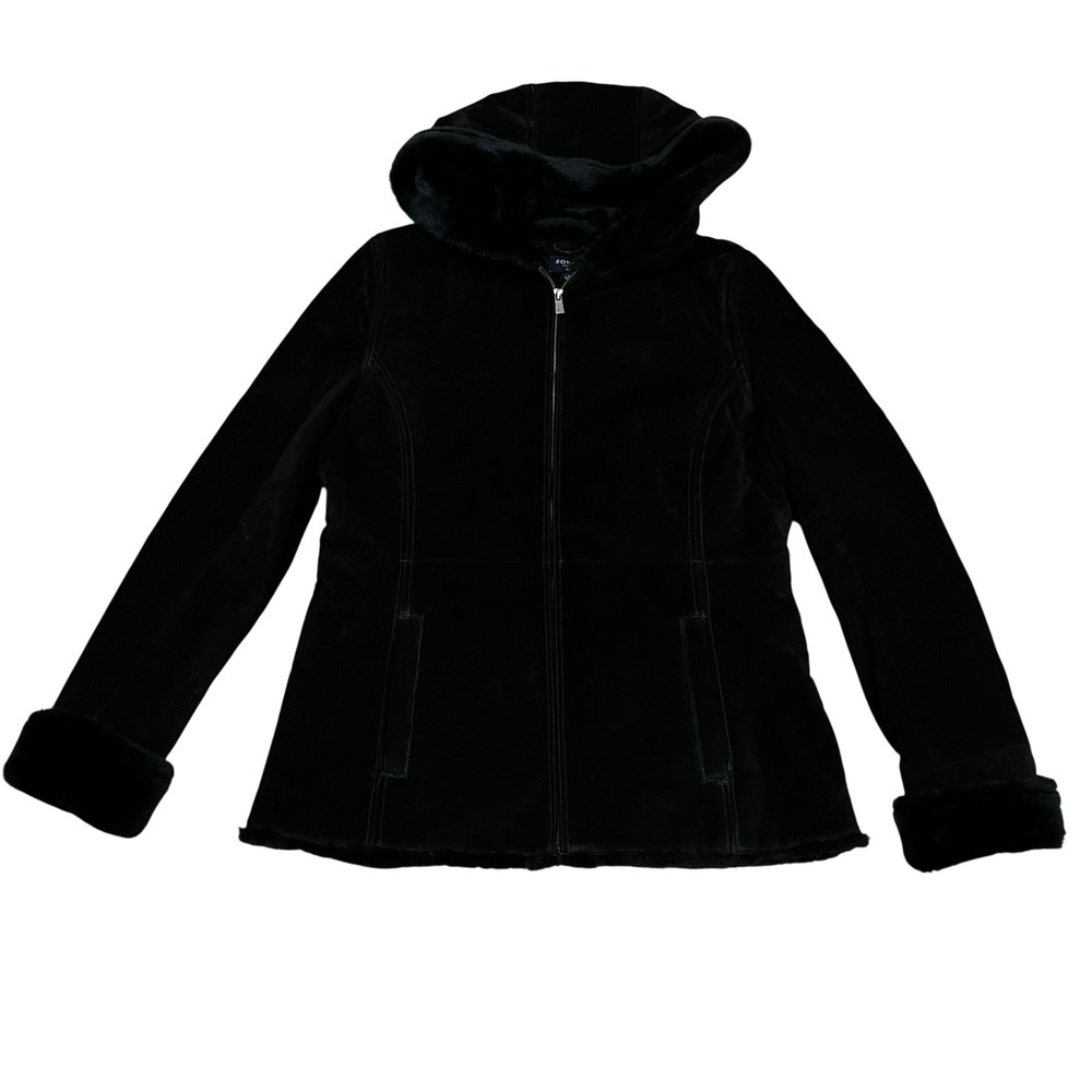 Sonoma Life + Style Womens Black Suede Leather Faux Fur Hooded Jacket M Cozy‎